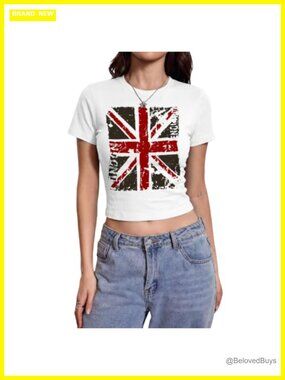 Y2k Baby Tee Union Jack Graphic Crop Top Fitted T-Shirt